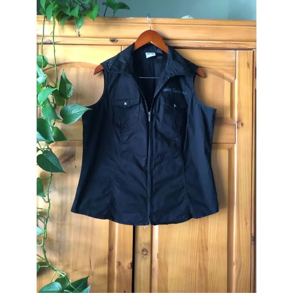 Harley Davidson Womens 1W Black Studded Moto Vest Graphic Back - Picture 3 of 14